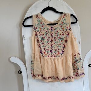 Umgee Floral Embroidered Tan Sleeveless Blouse